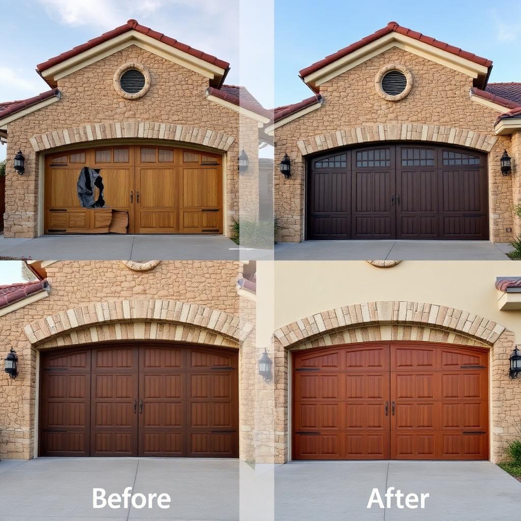 Before and after garage door replacement showing dramatic transformation