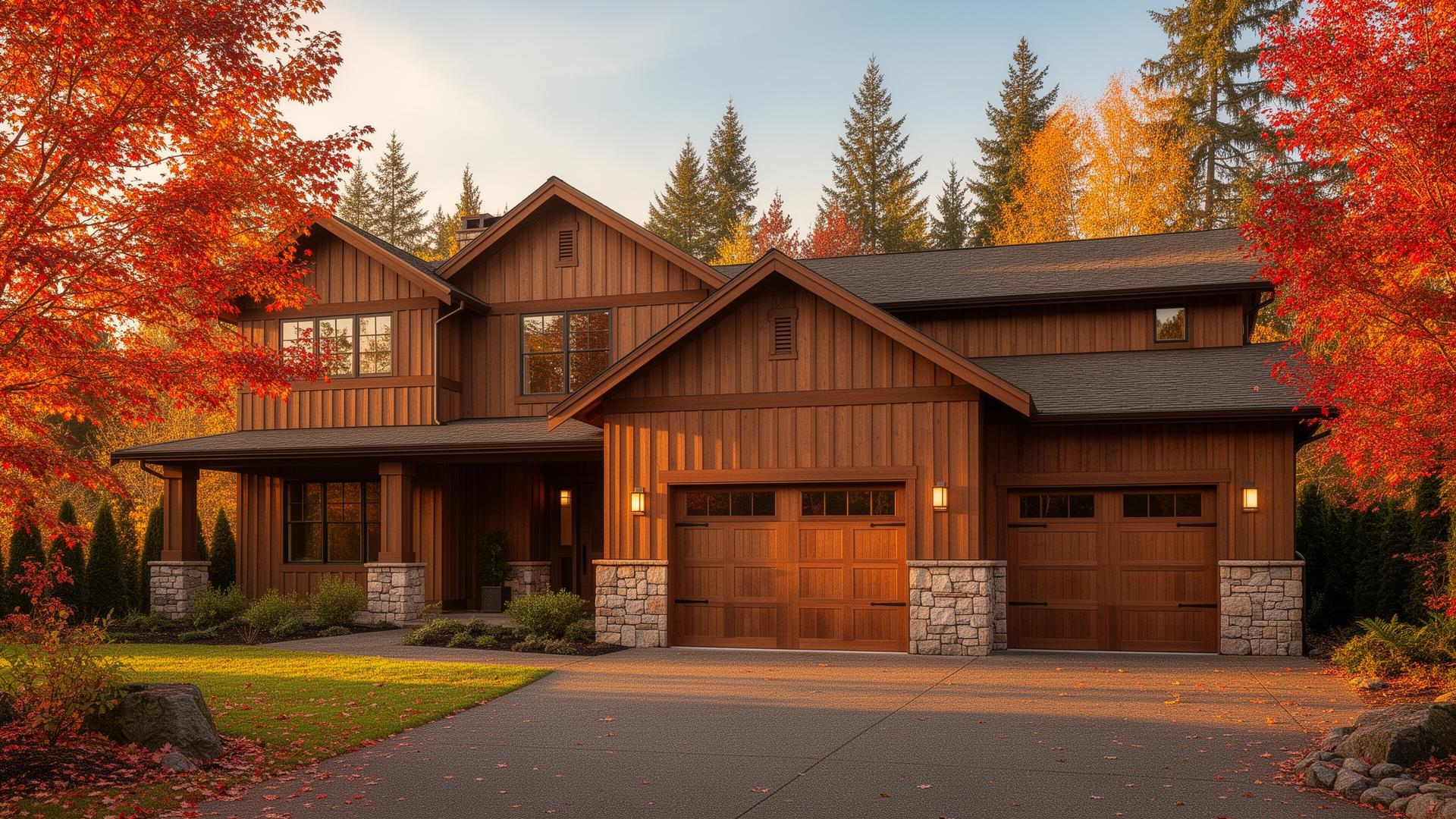 Beautiful Pacific Northwest home with Tuscan inspired garage doors and stone surround